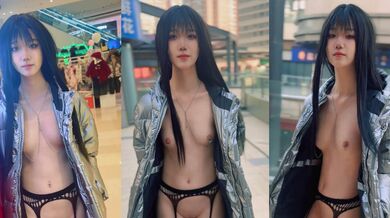 极品学生妹 柚柚 全裸逛商场 羞涩淫笑当众裸拍 开档黑丝乳夹尽显风骚 角落口交鸡巴刺激到爆！